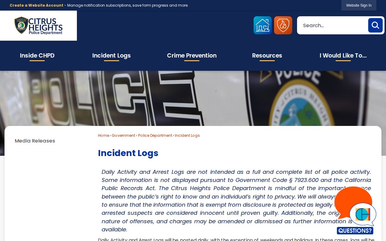 Citrus Heights Police activity and arrest logs for Citrus Heights arrest records