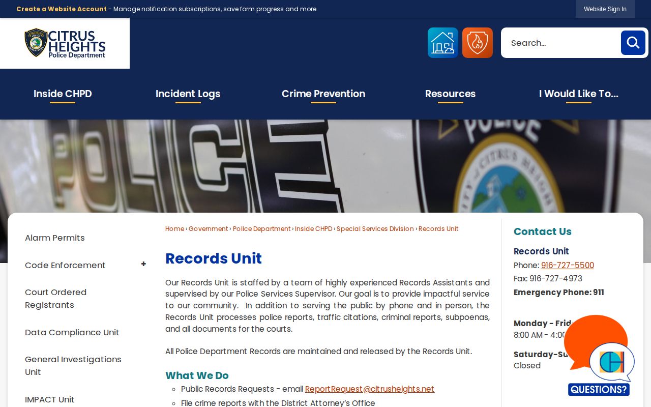 Citrus Heights Police Records Unit for Citrus Heights arrest record requests