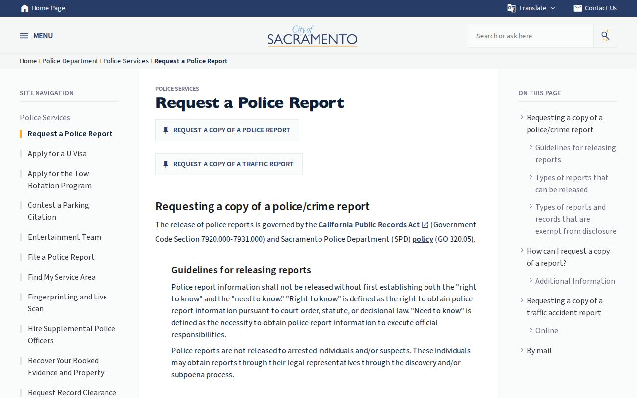 Sacramento Police report request policy for Sacramento arrest records