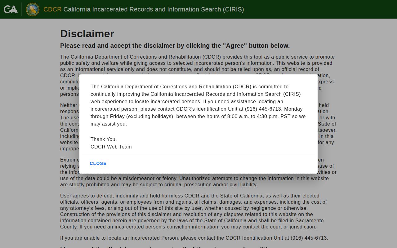 California CIRIS search for Sacramento County state prison commitment records