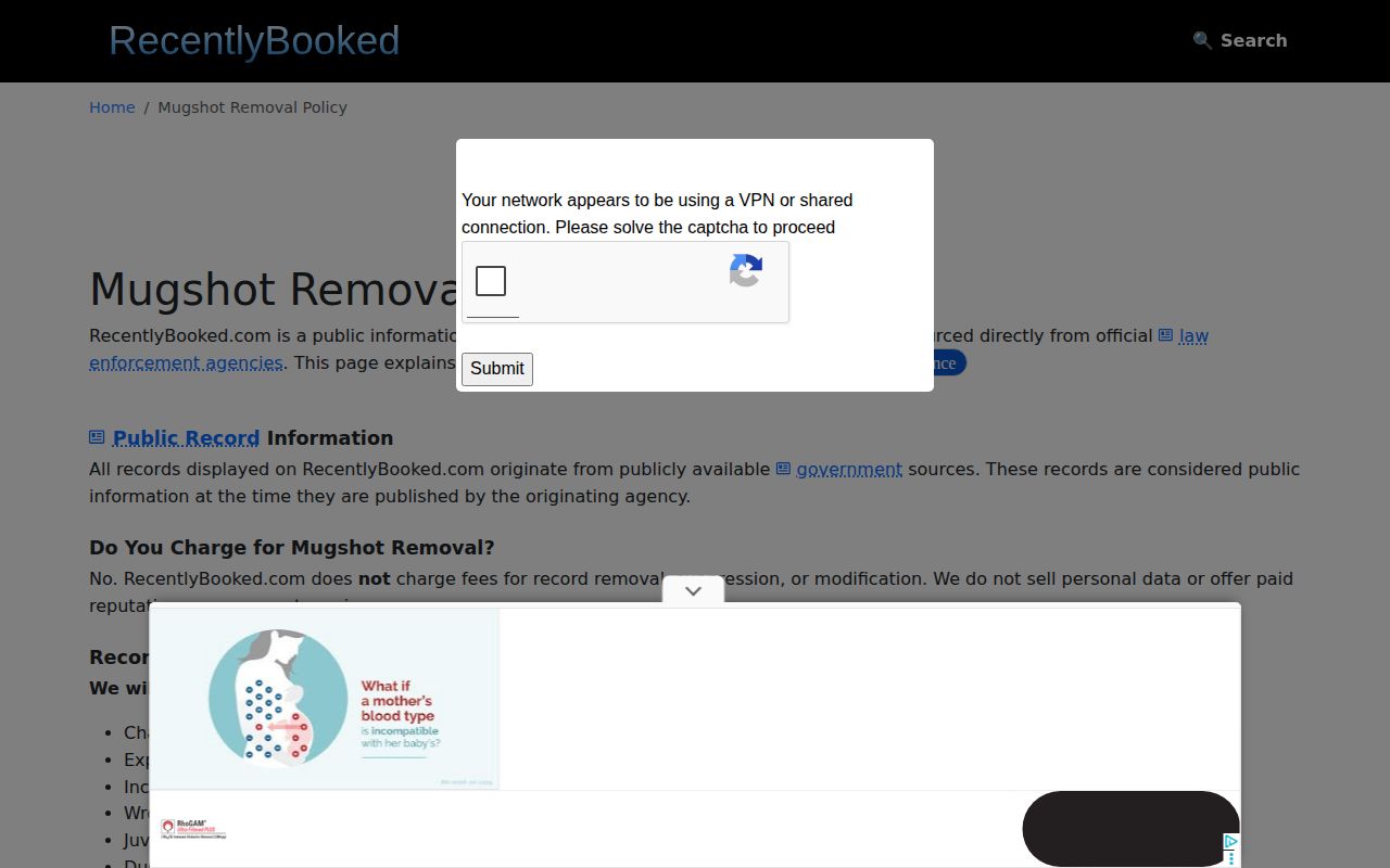 Sacramento County unofficial booking-record free removal policy