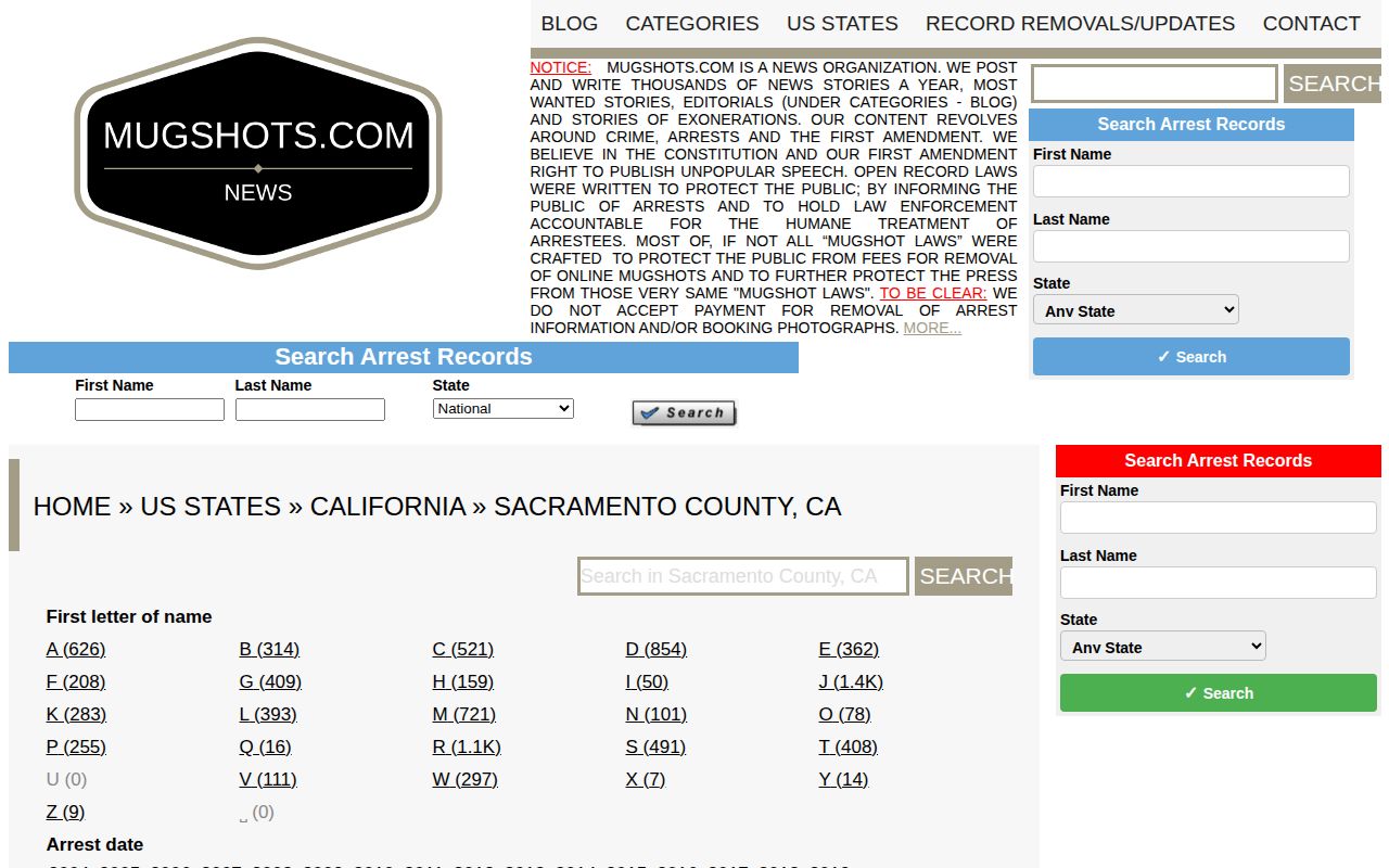Archival unofficial Sacramento County mugshot records page